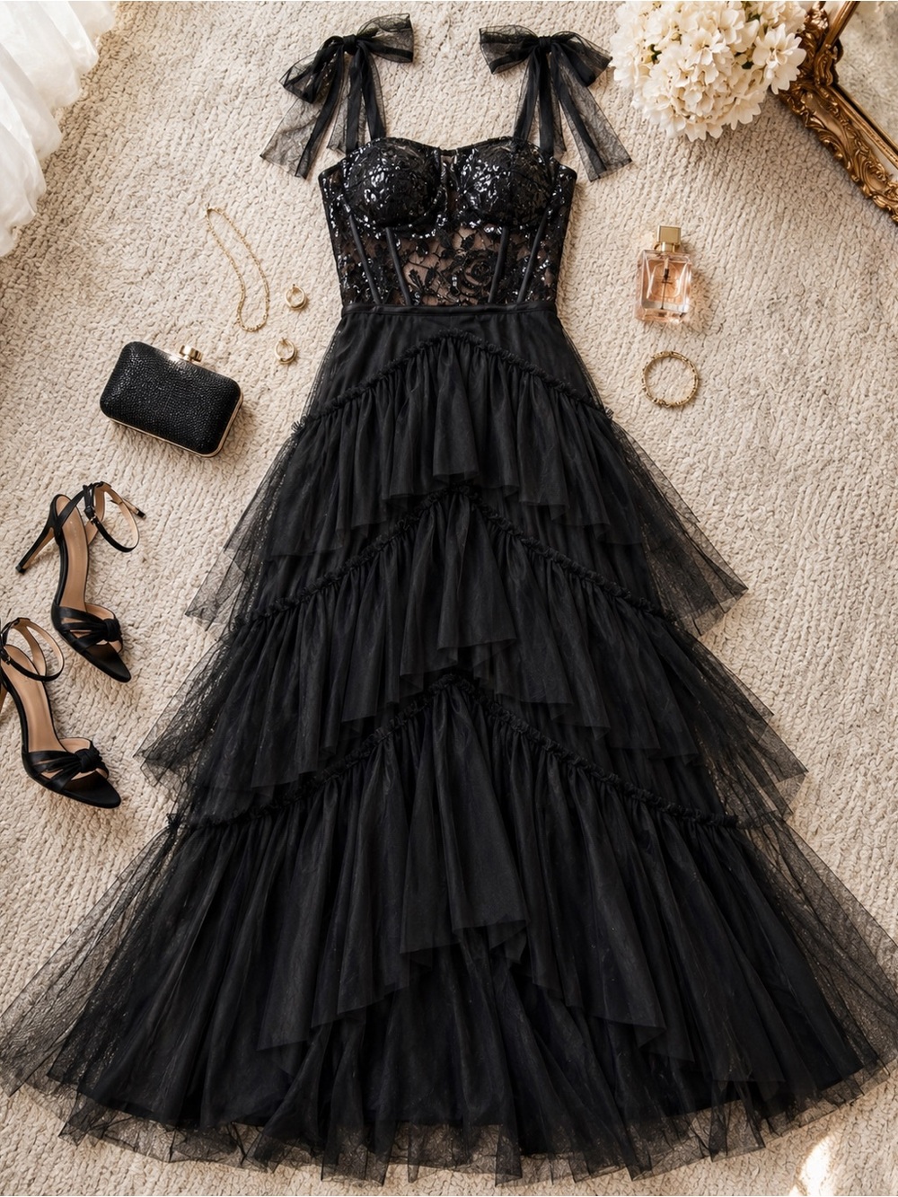 City Studios Black Sequin Corset Tie Shoulder Layered Tulle Gown Size 1 NWT